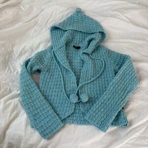 BCBGMaxAzria MEDIUM hooded Cardigan Sweater baby Blue pom pom wool blend